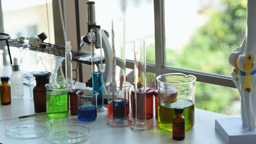 Close-up of bottles on table