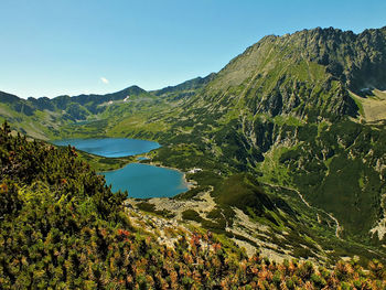 Scenic view of mountains against clear blue sky