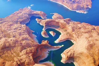 Aerial view of lake and rock formations