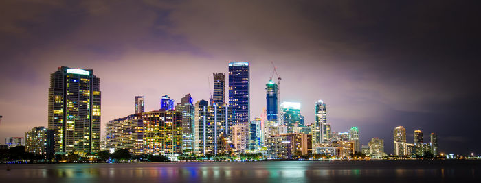 Illuminated cityscape against sky