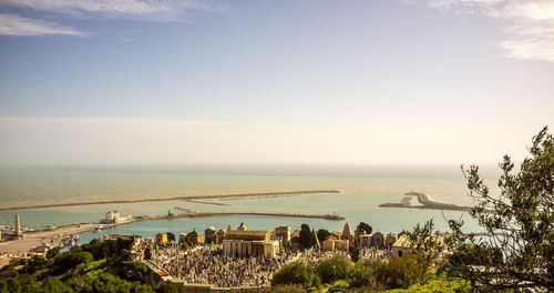 High angle view of bay against clear sky