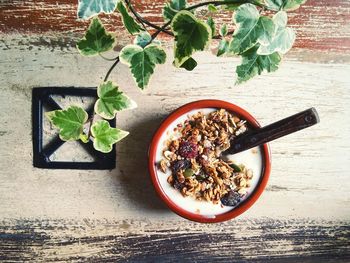 Directly above shot of yogurt and granola in bowl on table