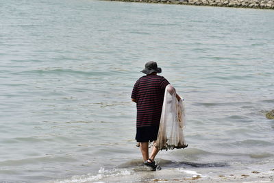 Rear view of man walking on beach