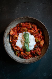 High angle view of food in bowl on table