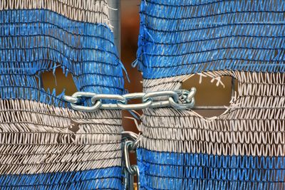 Close-up of padlocks on fence