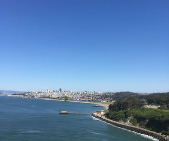 Scenic view of sea against clear blue sky