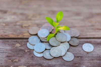 High angle view of coins on table