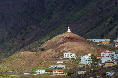 View of built structures against mountain range