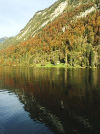 Scenic view of lake with mountains in background