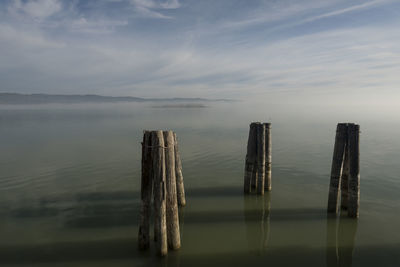 Wooden posts in sea against sky