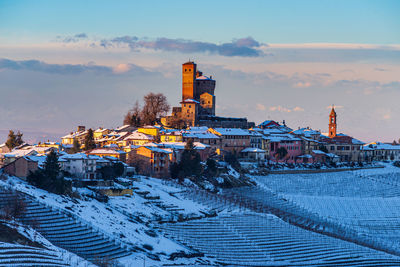 Snow covered buildings against sky during sunset