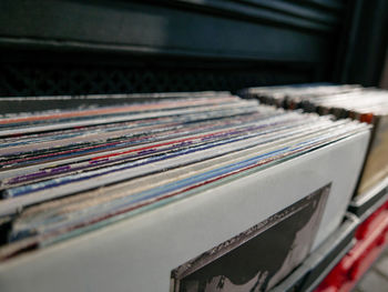 Collection of vinyl records for sale in store