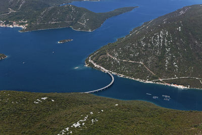 High angle view of winding road amidst mountains against sky