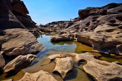 Rock formations in water against clear sky