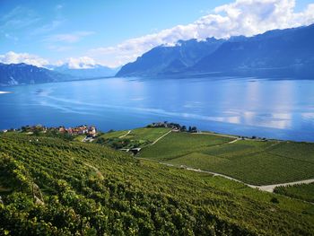 Scenic view of landscape and mountains against sky