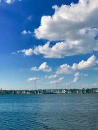 Scenic view of sea by buildings against sky