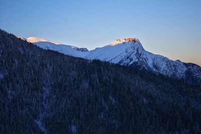Scenic view of snowcapped mountains against clear sky