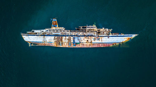 High angle view of ship sailing on sea