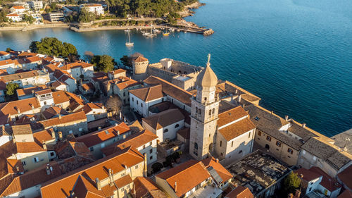 Aerial view of historic adriatic town of krk , island of krk, kvarner bay of adriatic sea, croatia