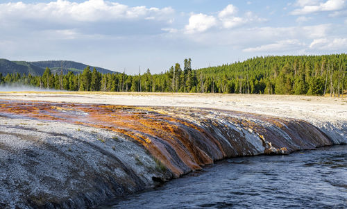 Scenic view of firehole spring in geothermal landscape at yellowstone park