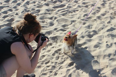 High angle view of woman with dog on beach