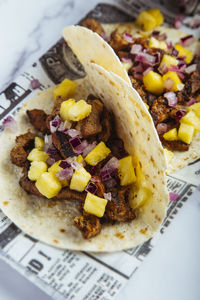 Traditional mexican food tacos al pastor. vertical picture