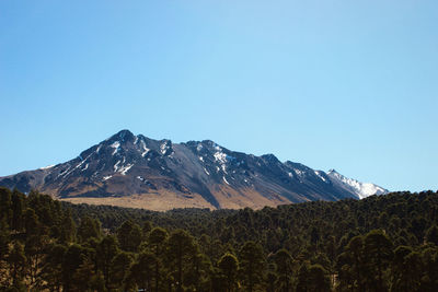 Scenic view of mountains against clear blue sky