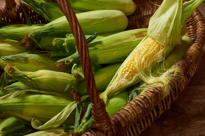 High angle view of corns on table