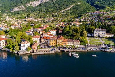 High angle view of townscape by river