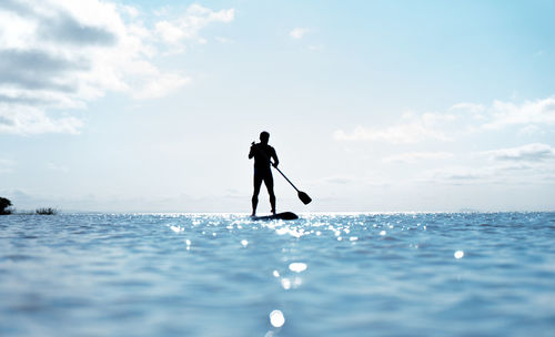 Silhouette man paddleboarding in sea against sky