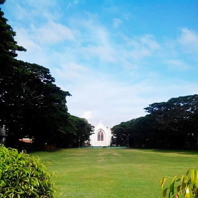 architecture, built structure, grass, building exterior, tree, green color, sky, lawn, growth, cloud - sky, park - man made space, cloud, field, grassy, plant, day, nature, green, no people, formal garden