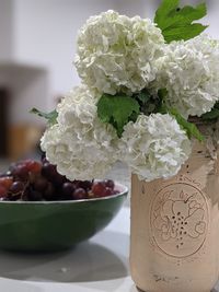 Close-up of white roses on table