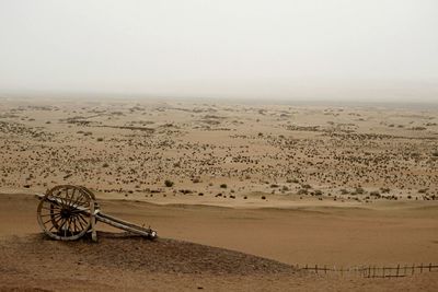 High angle view of ox cart at desert against sky