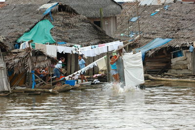 Clothes drying on clothesline by building