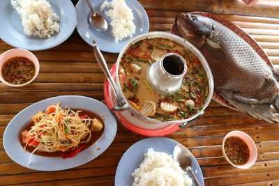 High angle view of meal served on table