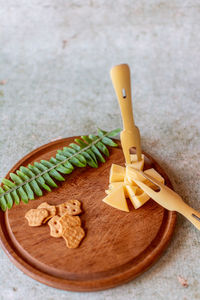 High angle view of carving on table