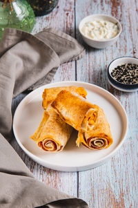 High angle view of food in plate on table