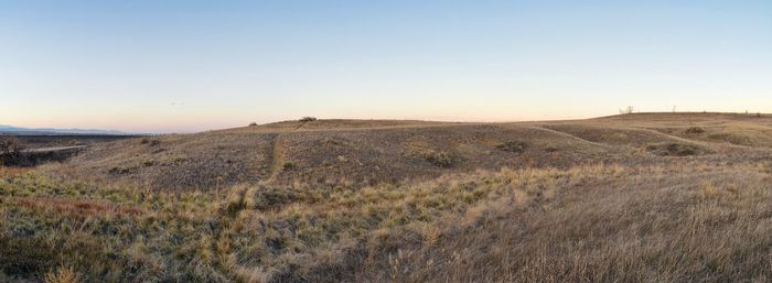 Scenic view of field against clear sky during sunset