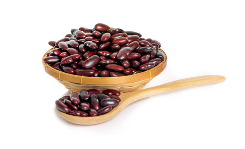 Close-up of fruits in bowl against white background