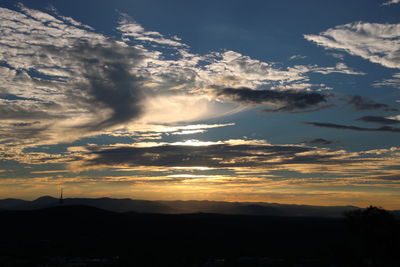 Low angle view of silhouette mountain against dramatic sky