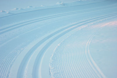 A curve on an empty classic cross-country ski trail. fresh velvet