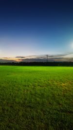 Scenic view of grassy field against clear blue sky