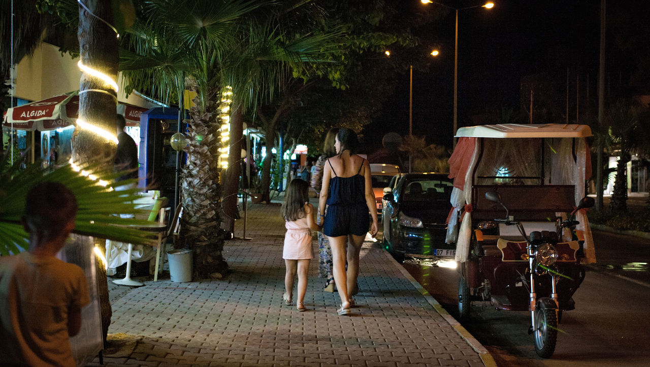 lifestyles, men, person, leisure activity, tree, rear view, night, casual clothing, full length, illuminated, street, walking, standing, togetherness, outdoors, lighting equipment, street light