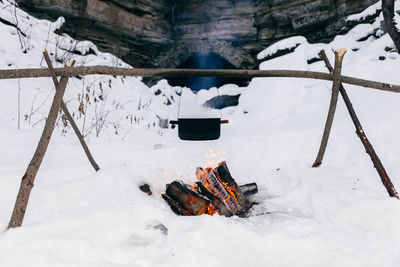 View of camping fire during winter