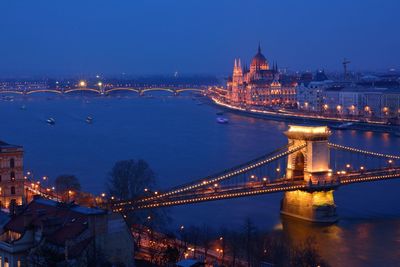 Illuminated bridge over river at night