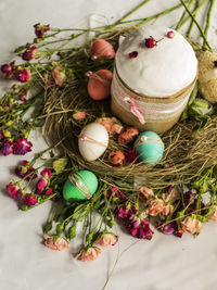 High angle view of food and decoration on table during easter