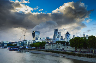 City by river against sky