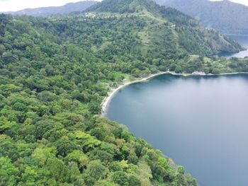 Aerial shot of lake toba balige north sumatra, indonesia. 13 october 2022