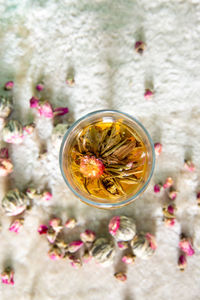 Directly above shot of drink on glass