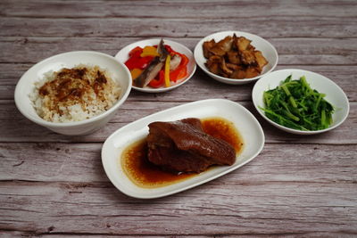 High angle view of breakfast served on table